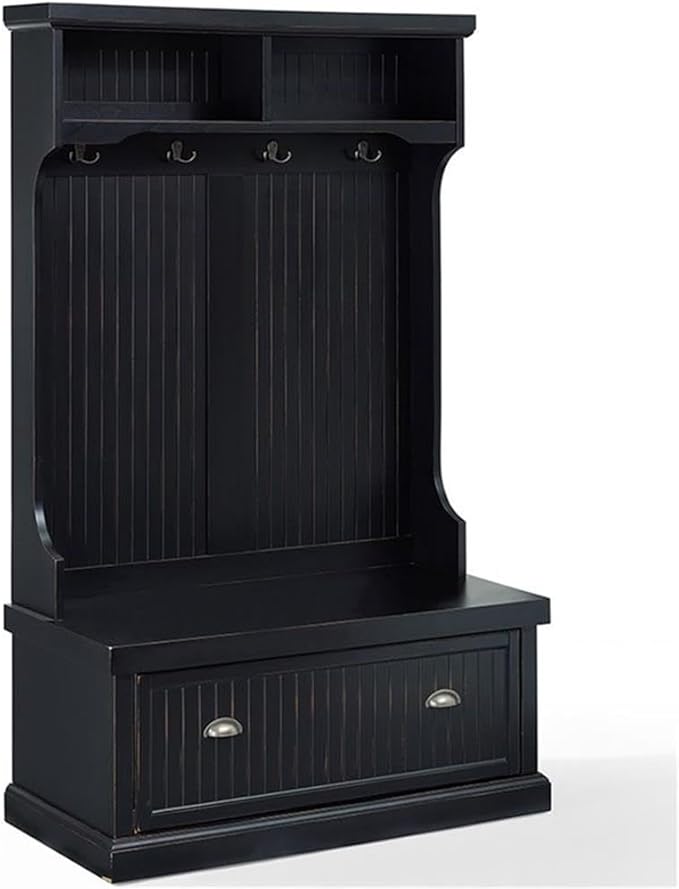 Pemberly Row Tall Entryway Hall Tree with Storage Bench in Distressed Black