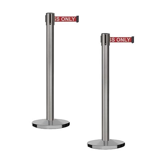 Montour Line MI650 Set of 2 Retractable Belt Barrier Stanchion, Cast Iron Base, Black Satin Stainless Steel Post (16 ft Red with"Authorized Access ONLY" White Letters Belt)