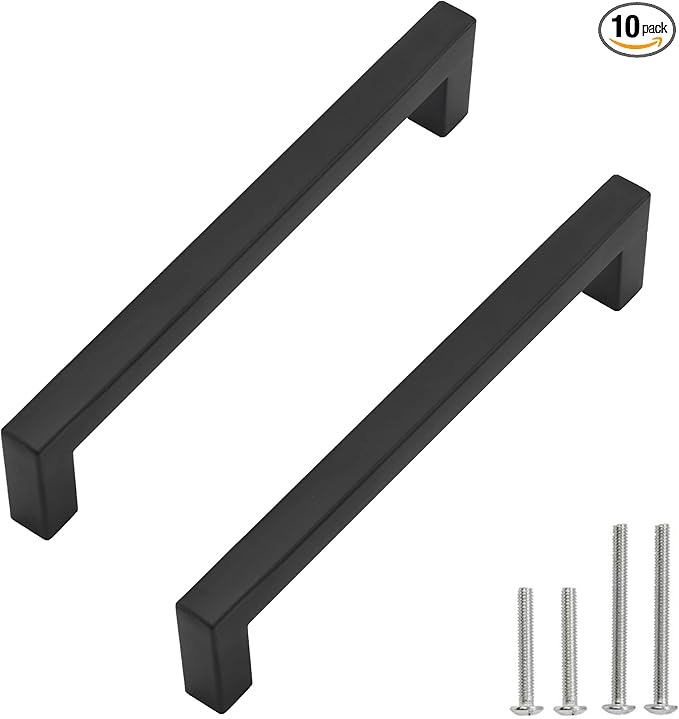 Cabinet Pulls Matte Black Cabinet Handles Square Drawer Pulls, 10 Pack 7-1/2 Inch Stainless Steel Kitchen Door Cupboard Cabinet Handles, Drawer Hardware Handles, 192mm Hole Centers