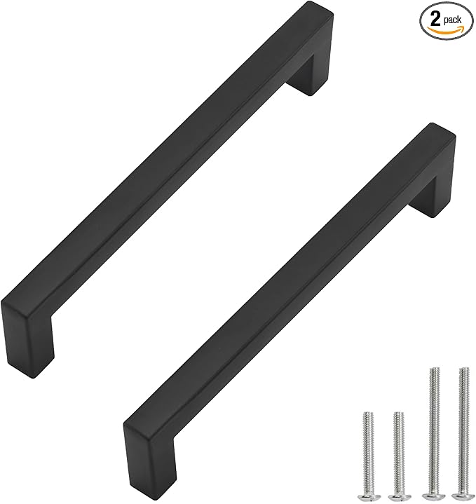 Cabinet Pulls Matte Black Cabinet Handles Square Drawer Pulls, 2 Pack 7-1/2 Inch Stainless Steel Kitchen Door Cupboard Cabinet Handles, Drawer Hardware Handles, 192mm Hole Centers