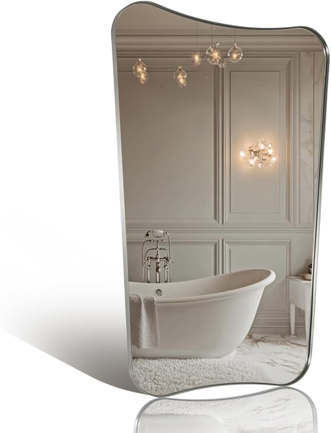 ANDY STAR Scalloped Bathroom Mirror, 24x40’’ Brushed Nickel Frame Mirror, Silver Bathroom Vanity Mirror, Modern Scalloped Edge Design in Rust-Proof Stainless Steel 1” Frame