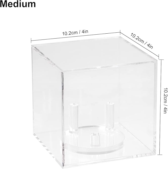 3 Pegs Round Display Easel Stands with Transparent Acrylic Box, Multiple Decoration Storage Case, Small Items Stands for Displaying Collectible Stone Rock Mineral Geodes (Medium-4x4x4in, 1Pcs)
