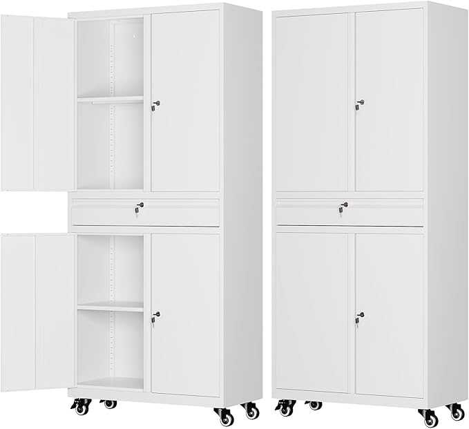 73" Metal Garage Storage Cabinet with Wheels， Rolling Tool Storage with Locking Doors， Adjustable Shelves and Drawer, Heavy Duty Steel Tool Cabinet for Garage, Warehouse, School(White)