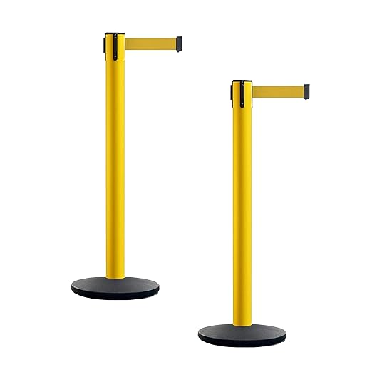 Montour Line MI650 Set of 2 Retractable Belt Barrier Stanchion, Cast Iron Base, Yellow Post (16 ft Yellow Belt)