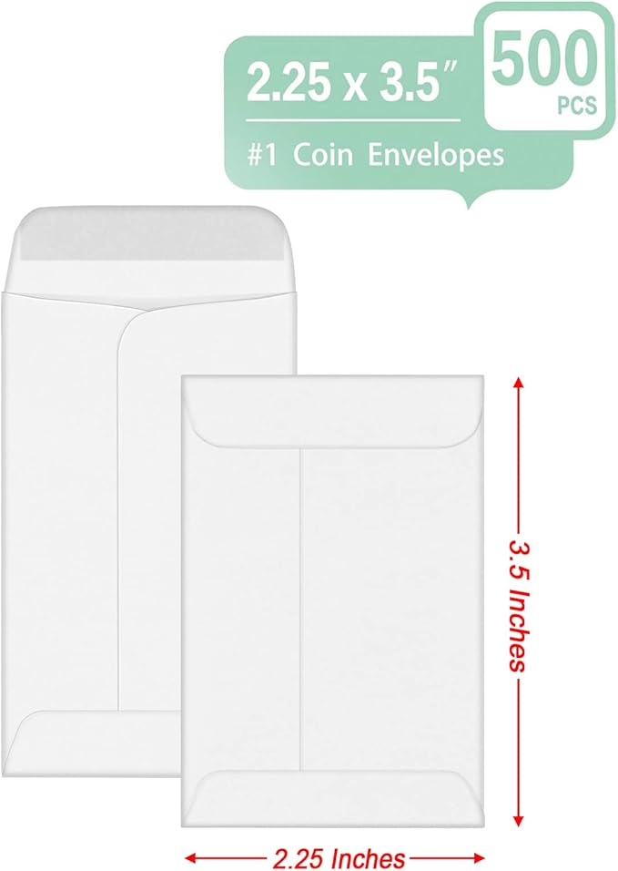 500 PCS #1 Coin Envelopes, 2-1/4'' x 3-1/2'' inches White Kraft Envelopes Classic Small Parts Envelopes with Self Adhesive Gummed Flap for Coins, Cash, Credit Cards, Seeds