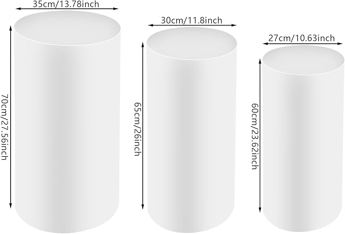OUKANING 3 PCS Metal Display Pedestal Stands, Cylinder White Display Stands Pillars, Decoration Cube Sculpture Display Column for Wedding Party Baby Shower Birthday, H27.56'', 26'', 23.62''