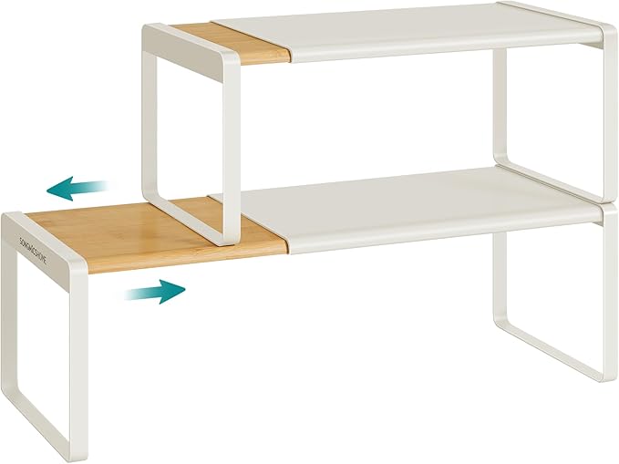SONGMICS HOME Spice Racks, Expandable Cupboard Shelf Orgnizers, Kitchen Counter Shelves, Bamboo and Metal, Space-Saving Shelving, Stackable, Light Bamboo and Cream White UKCS051N01