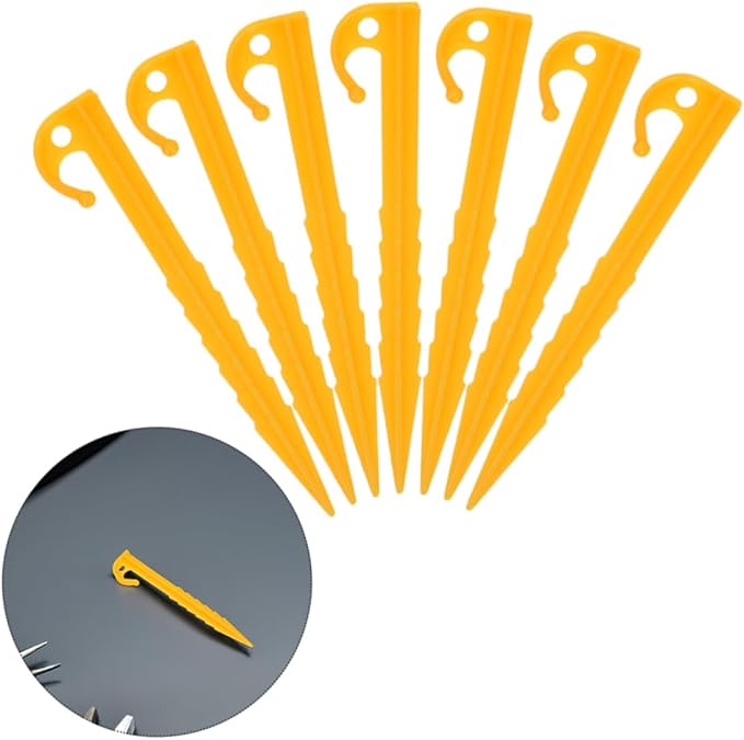 Kisangel 20Pcs Bright Yellow Plastic Tent Pegs Lightweight Ground Anchors with Threaded Design for Superior Grip and Windproof Stability for Camping Beach and Outdoor Activities