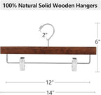 AMKUFO 20pcs Wooden Pants Hangers Solid Pants Hangers with Adjustable Clips 14 Inch Walnut Wood Skirt Hangers Trousers Bottom Hanger with Non-Slip Clips and 360° Swivel Hook