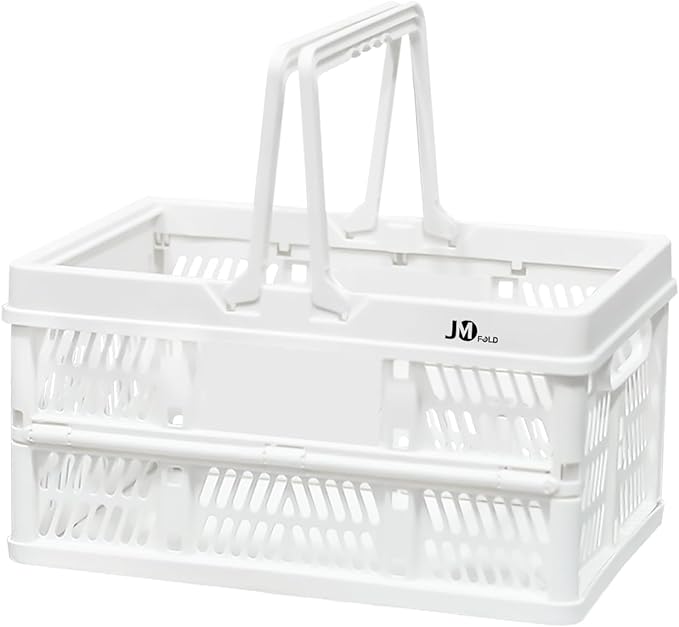 20 L Collapsible Shopping Basket, plastic basket, Basket with Handle, M (White)