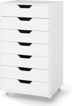 7 Drawer File Cabinet, Mobile Filing Cabinet w/Universal Wheels, Wood Printer Stand with Storage, Rolling File Cabinets for Home Office, Living Room, Bedroom (White, 7 Drawers)