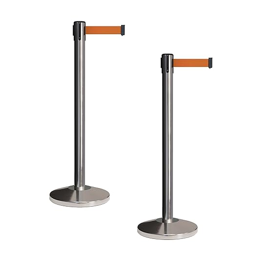 CCW Set of 2 Retractable Belt Barriers Stanchion, Polished Stainless Steel Post, RBB-100 (7.5 Foot Belt, Orange Belt)
