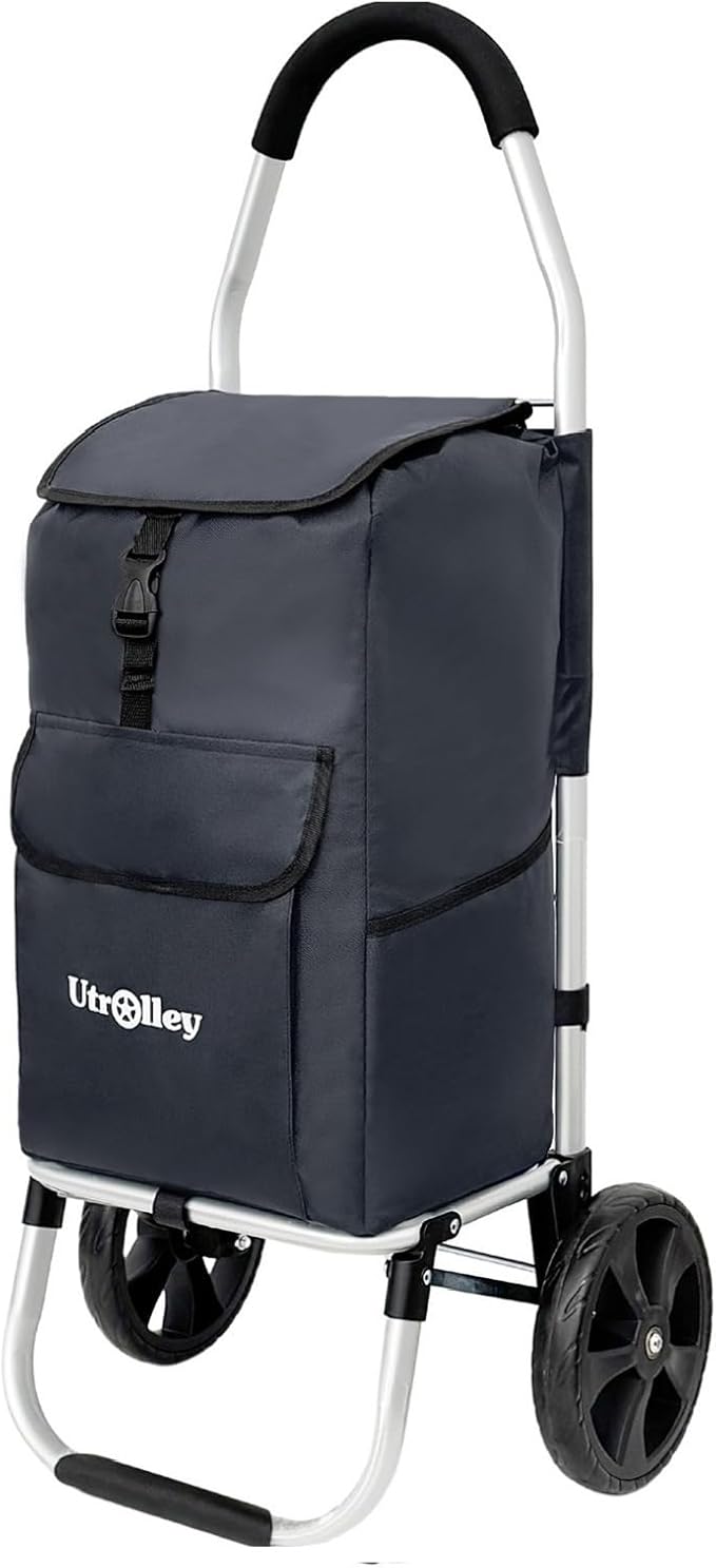 Ultra-Lightweight Black Foldable Shopping Cart for Groceries Large 42L Capacity Rubber Wheels, Removable Insulated Bag Liner, Durable Aluminum Frame, Multi-Function Personal Hand Truck