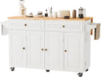 59’’ Rolling Kitchen Island Cart with Drop Leaf and Power Outlet, Movable Kitchen Islands with 3-Tier Door Storage Shelf, Island Table on Wheels, 2 Large Drawers, Towel Racks, White