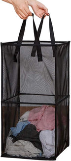 HONOMA Laundry Bags Hamper Bag with Handles,Portable & Collapsible Dirty Clothes Mesh Basket Foldable for Washing Storage, Kids Room,Dorm or Travel (Black,Double-Layer)