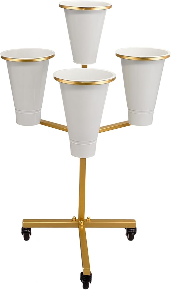 DYALE Flower Display Stand with Buckets - Flower Cart with Wheels for Bouquet Shop, Metal Flower Rack Display Stand for Wedding Garden, Party, Events 1 (White, Round buckets)