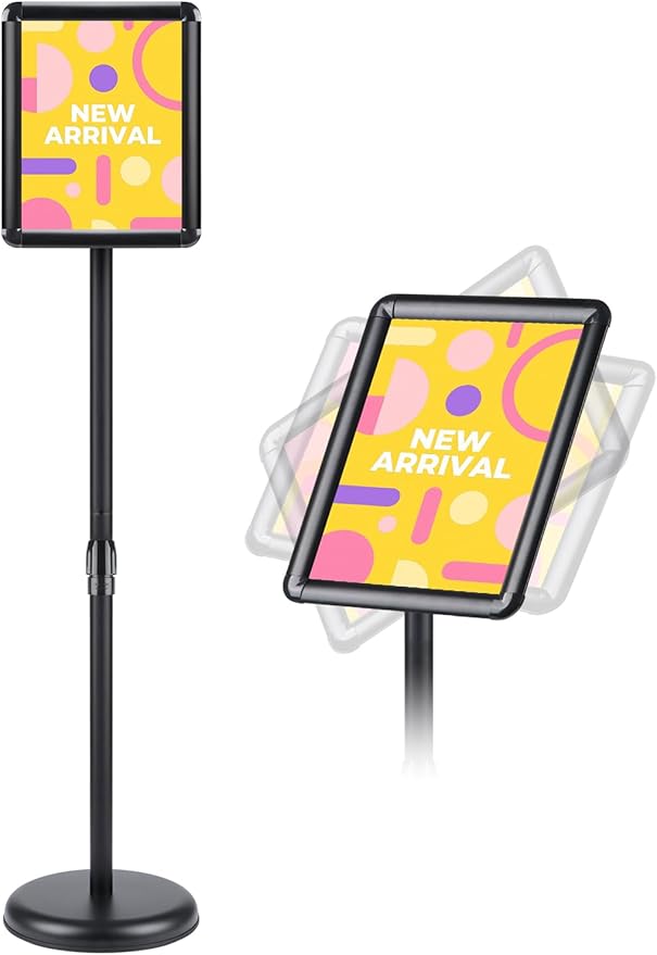 RedChili Floor Standing Sign Holder Stand, 8.5x11 Inches Stand Up Sign Holder with 360° Rotated Snap-Open Frame Height Adjustable Tall Sign Stand Vertical Horizontal View Display for Stores Schools Restaurants (Black, Round Corner)