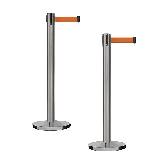 Montour Line MI650 Set of 2 Retractable Belt Barrier Stanchion, Cast Iron Base, Black Satin Stainless Steel Post (16 ft Orange Belt)