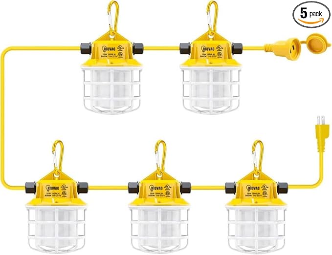 50ft LED Construction String Lights, 75W 7500LM Industrial Grade Super Bright String Work Lights for Construction Sites, Temporary Work, Renovation, Jobsite, and all outdoor lighting(50ft-5lights)