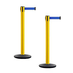 Montour Line MI650 Set of 2 Retractable Belt Barrier Stanchion, Cast Iron Base, Yellow Post (16 ft Blue Belt)