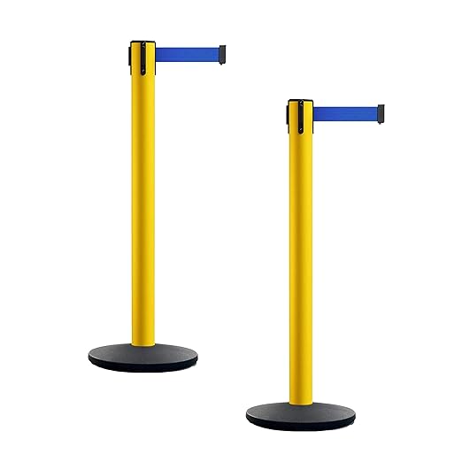 Montour Line MI650 Set of 2 Retractable Belt Barrier Stanchion, Cast Iron Base, Yellow Post (16 ft Blue Belt)