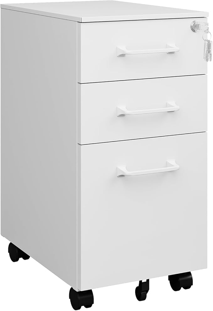 MIIIKO White Filing Cabinet 3 Drawers Under Desk, Metal File Cabinet with Lock for Home Office, Small Mobile File Cabinet for Letter Legal File Folders（Un-Assembled）
