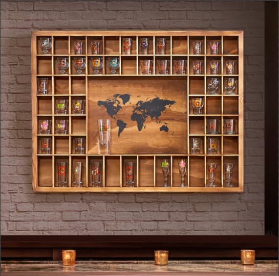 Large World Map Shot Glass Display Case 60 Slots 34 X 26''Rustic Brown Wood Holder for 2 Different Size Shot Glass In Living Rooms Bars Wine Cellars Used for Jewelry Stones & Shell