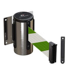 Crowd Control Warehouse - CCW Series WMB-120 Fixed Wall Mount Retractable Belt Barrier - 11 Foot, Green & White Diagonal Stripes Belt with Stainless Steel Case