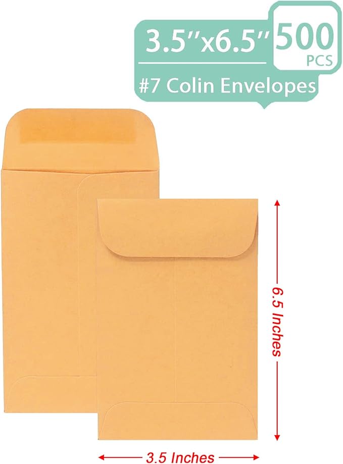 500 PCS #7 Coin Envelopes, 3.5 x 6.5 inches Brown Kraft Envelopes Classic Small Parts Envelopes with Self Adhesive Gummed Flap for Coins, Cash, Credit Cards, Seeds