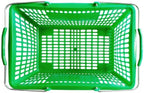 Plastic Shopping Basket, Green, Steel Handles, 18 11/16 x 12 3/8 x 10 7/16 Inches, 55 lb Capacity, Stackable Design for Grocery Market