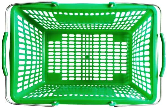 Plastic Shopping Basket, Green, Steel Handles, 18 11/16 x 12 3/8 x 10 7/16 Inches, 55 lb Capacity, Stackable Design for Grocery Market