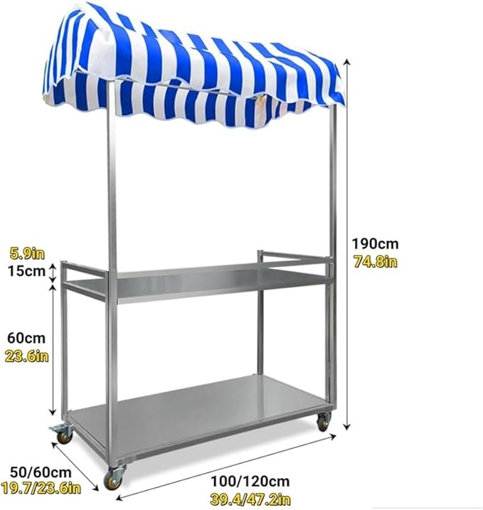 Outdoor Food Cart with Canopy, Portable Street Vendor Stand, Foldable Commercial Vending Trolley Kiosk for Market, Street Food and Events(Blue,47.2x23.6in)