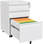 Lispin 3-Drawer Mobile Filing Cabinet with Lock, Office Storage Filing Cabinet of Legal/Letter Size, to be Installation Required (White + Metal + Modern)