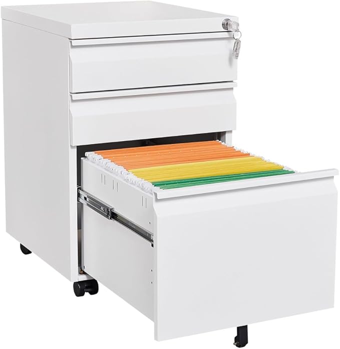 Lispin 3-Drawer Mobile Filing Cabinet with Lock, Office Storage Filing Cabinet of Legal/Letter Size, to be Installation Required (White + Metal + Modern)