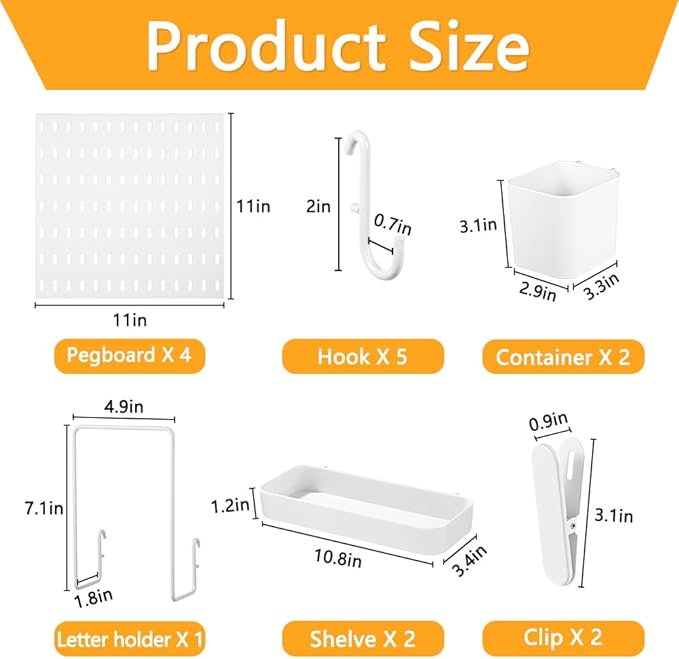 16pcs Pegboard sets, Plastic White Peg board Wall Organizer Kits,4pcs Peg Board and 12 Accessories Modular Hanging, Wall Mount Display Pegboard Panel Sets for Home Office Garage Kitchen Workshop