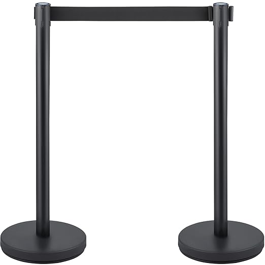 VEVOR Crowd Control Stanchion Set, Stanchion Set with 6.6 ft/2 m Black Retractable Belt, Black Crowd Control Barrier w/Concrete and Metal Base - Easy Connect Assembly (8)