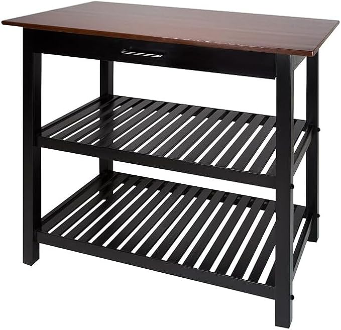 Island Oasis Solid Wood Kitchen Island with Drawer, Stainless Steel Towel Bar and Open Storage Multi-Purpose Prep Table for Home Kitchens Walnut and Black