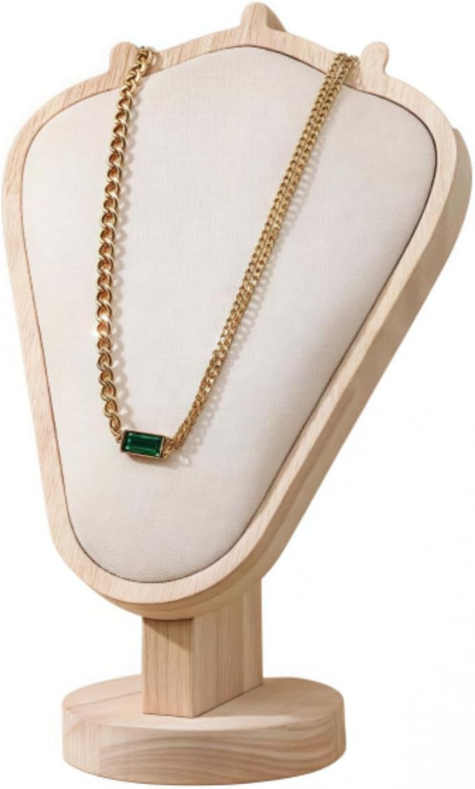 Natural Body Wood Necklace Display Stand with Beige Flannelette Soft Mat Necklace Holder Organizer Desktop Stand for Home Store Dresser-3.3"x5.8"x8.4"