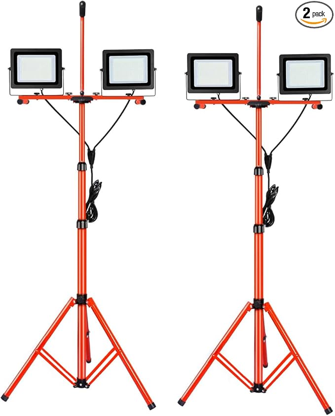 LEDMO 26000 Lumen LED Work Lights on Stand Tripod,200W Bright 2 Adjustable Head Work Floodlights with Individual Switch,IP65 Waterproof Outdoor & Indoor for Job Site Workshop Security Fixture