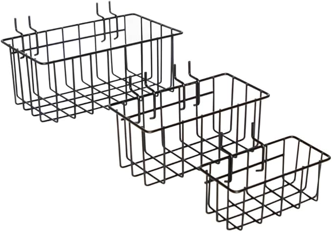 Heavy Duty Peg Board Hook Baskets for ¼ Pegboard Holes, Set of 3 Black Wire Baskets, Extra Thick Metal Fit Snugly in Pegboards with ¼ Inch holes, ¼” Peg Board Organizer Accessories for Tools and More