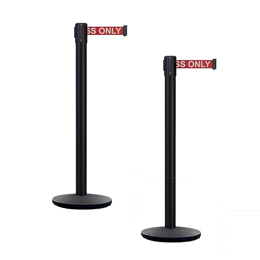Montour Line MI650 Set of 2 Retractable Belt Barrier Stanchion, Cast Iron Base, Black Powder Coated Steel Post (16 ft Red with"Authorized Access ONLY" White Letters Belt)