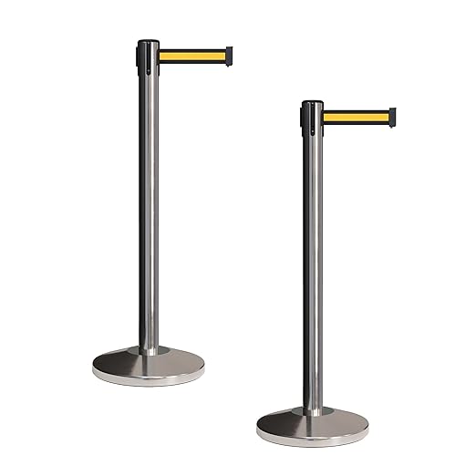 Crowd Control Warehouse CCW Set of 2 Retractable Belt Barriers Stanchion, Polished Stainless Steel Post, RBB-100 (9 Foot Belt, Black Yellow Horizontal Stripe Belt)
