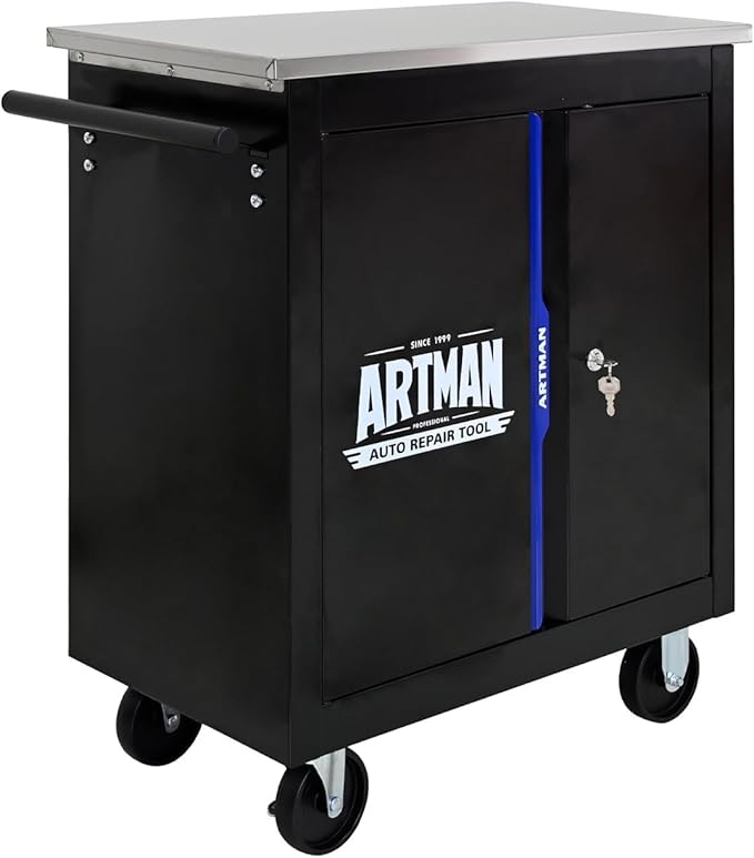 Double-Door Heavy-Duty Rolling Steel Tool Cart with Handle&Wheels, Metal Storage Organizer Cabinet, Tool Chest for Efficient Tool Storage in Garage, Warehouse, Workshop, Repair Shop, Blue