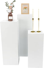3PCS Metal Square Display Pedestal Stand for Parties White Square Tall Pedestal Cake Stands Pillars for Wedding Sturdy Pedestals Display Dessert Table Sculpture Display Stand Column Decoration