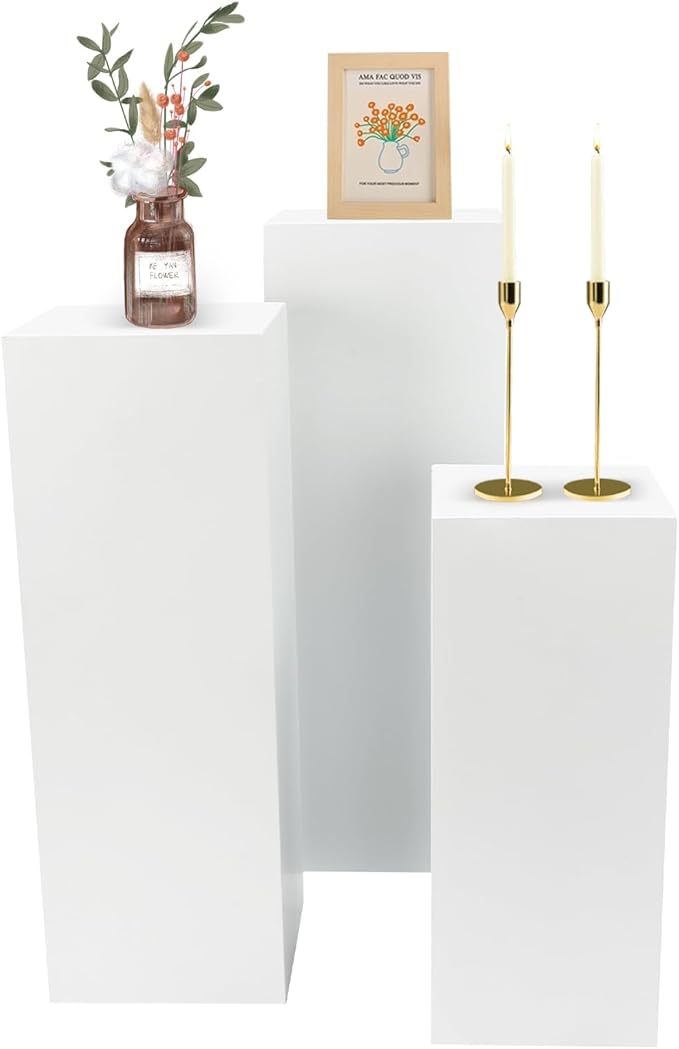 3PCS Metal Square Display Pedestal Stand for Parties White Square Tall Pedestal Cake Stands Pillars for Wedding Sturdy Pedestals Display Dessert Table Sculpture Display Stand Column Decoration
