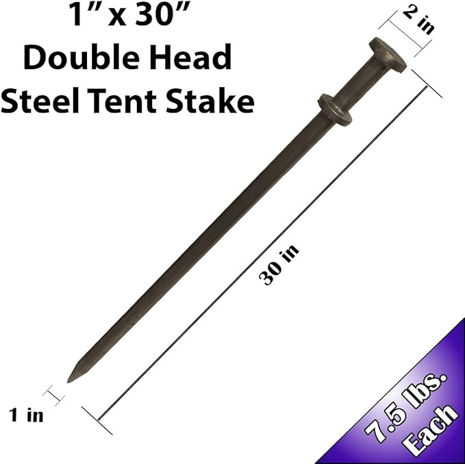 Double Head Tent Stakes - Heavy Duty Steel Tent Stakes, Versatile Ground Spikes to Anchor Commercial Inflatables, Party Tents, and Outdoor Camping Shelters, 1 x 30 Inch, 50-Pack