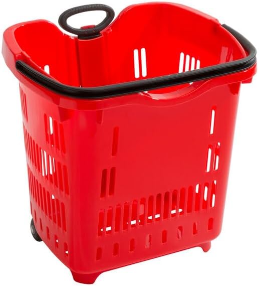 Red Plastic Shopping Basket with Wheels, 21.25 x 16.5 Inch, 45 lb Capacity, Stackable, Telescopic Handle, 6 Pack