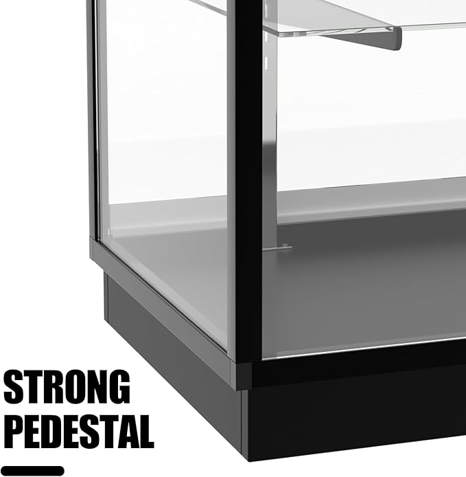 70”D * 20”W * 38”H - Freestanding Retail LED Full Vision Glass Display Case, Black Aluminum Frame, Two Adjustable Height Tempered Glass Shelves
