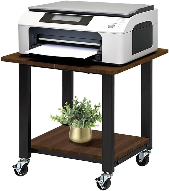 SunnyPoint 2-Tier Under Desk Printer Stand with Storage Shelf and Steel Frame, Industrial Mobile Printer Cart Holder with Lockable Improved Industrial Wheels for Home and Office