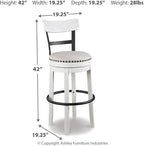 Signature Design by Ashley Valebeck Tall Upholstered Swivel Barstool, Cushioned Seat, Nailhead Trim, Wood and Metal, 30" H, Whitewash